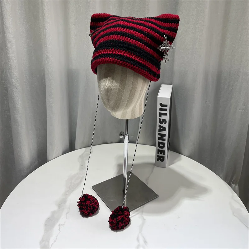Korean Striped Knit Hat with Pom Warm Furry Ladies Winter hat Y2K Cute Cat Ear Beanie Hats
