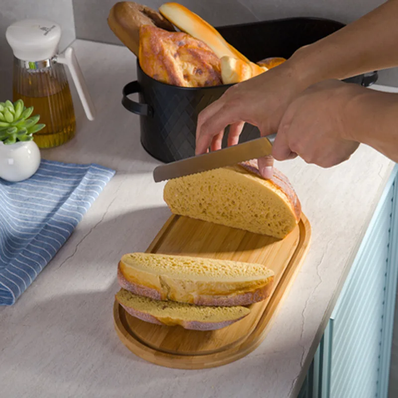 In Stock Wholesale Elliptical Metal Food Container Storage Box Custom Kitchen Bread Box with Bamboo lid
