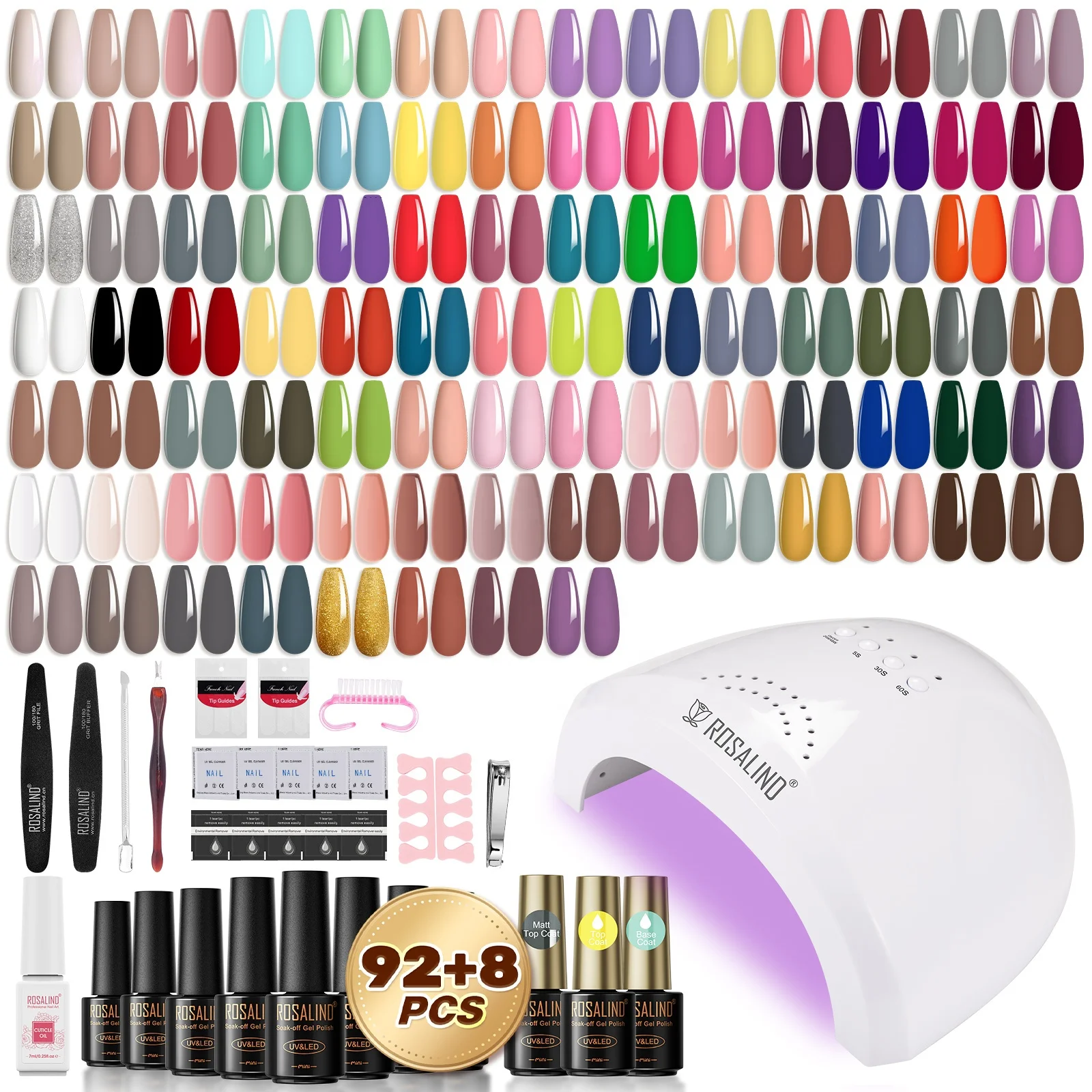 ROSALIND Private Label Nail Art Kits Professional Set Box OEM Large 100 Colors Uv Lamp Gel Nail Polish Set With Manicure Tools