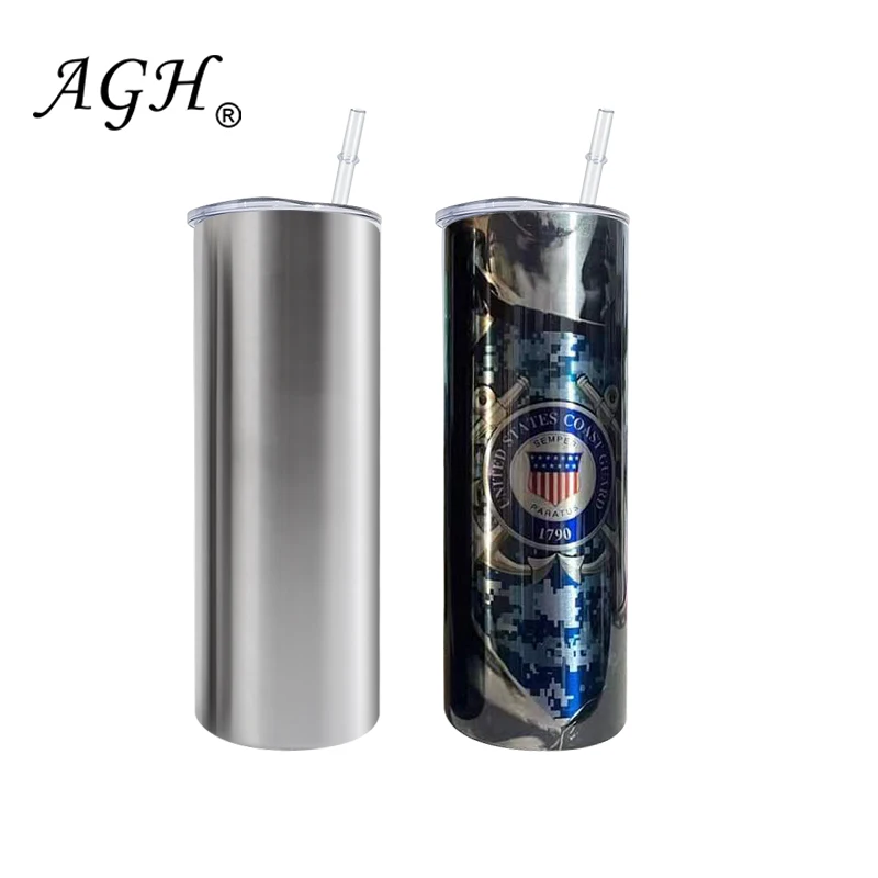 China USA Warehouse AGH  20oz ounce stainless steel silver skinny straight sublimation blank tumbler 20 oz with plastic straw