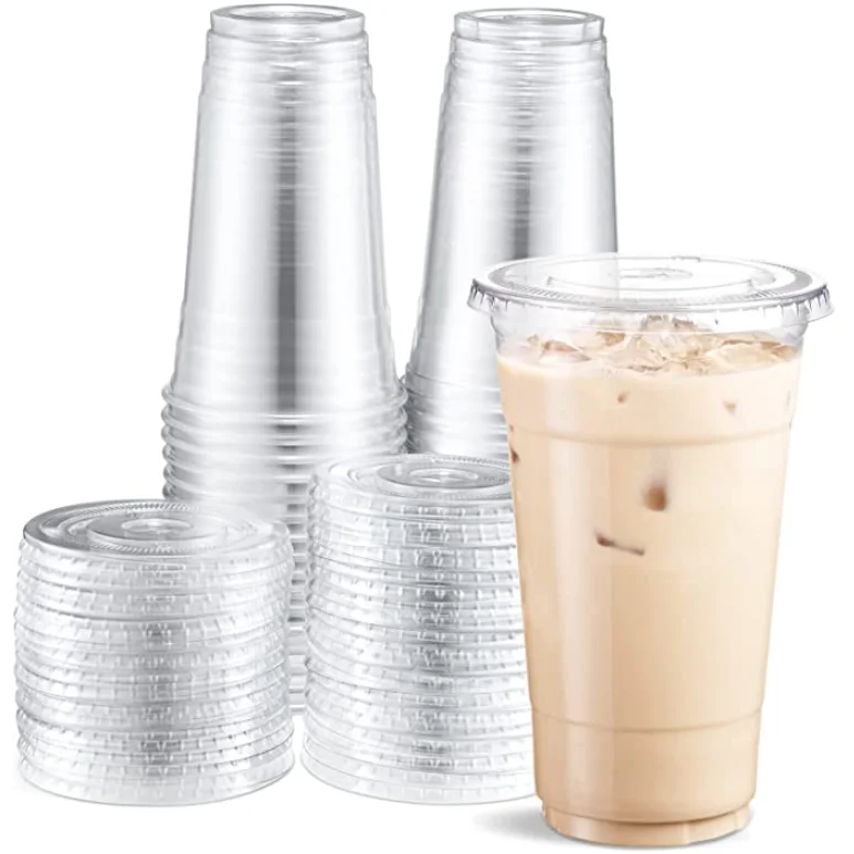 Custom printing logo cheap 16oz 24oz 32oz 500ml clear cold drink pet disposable plastic cups with flat dome lids