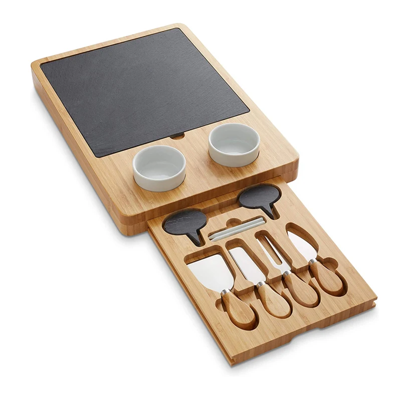 Organic Bamboo Cheese Board Gift Set Wooden Food Serving Tray with Slate Board Ceramic Bowls Knives Set