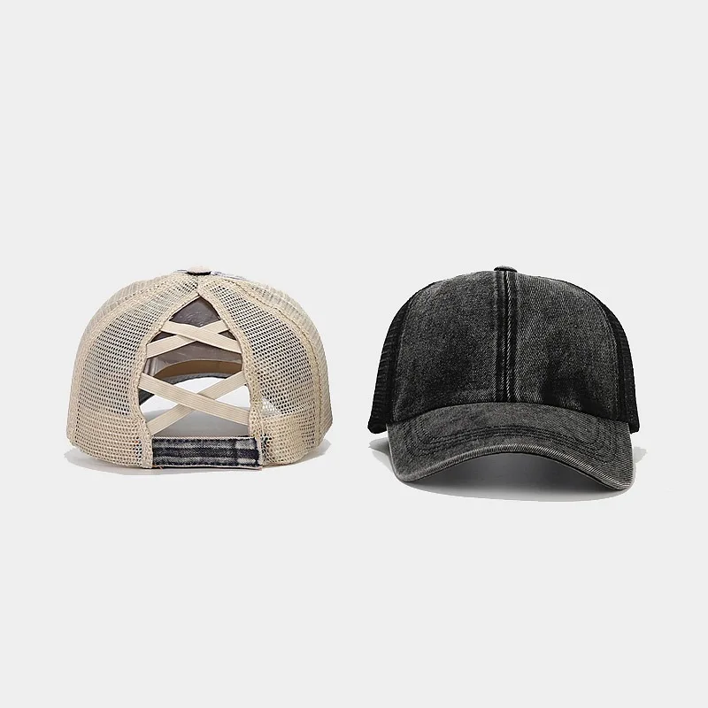 2023 custom cross back high crown pony tail trucker hat women