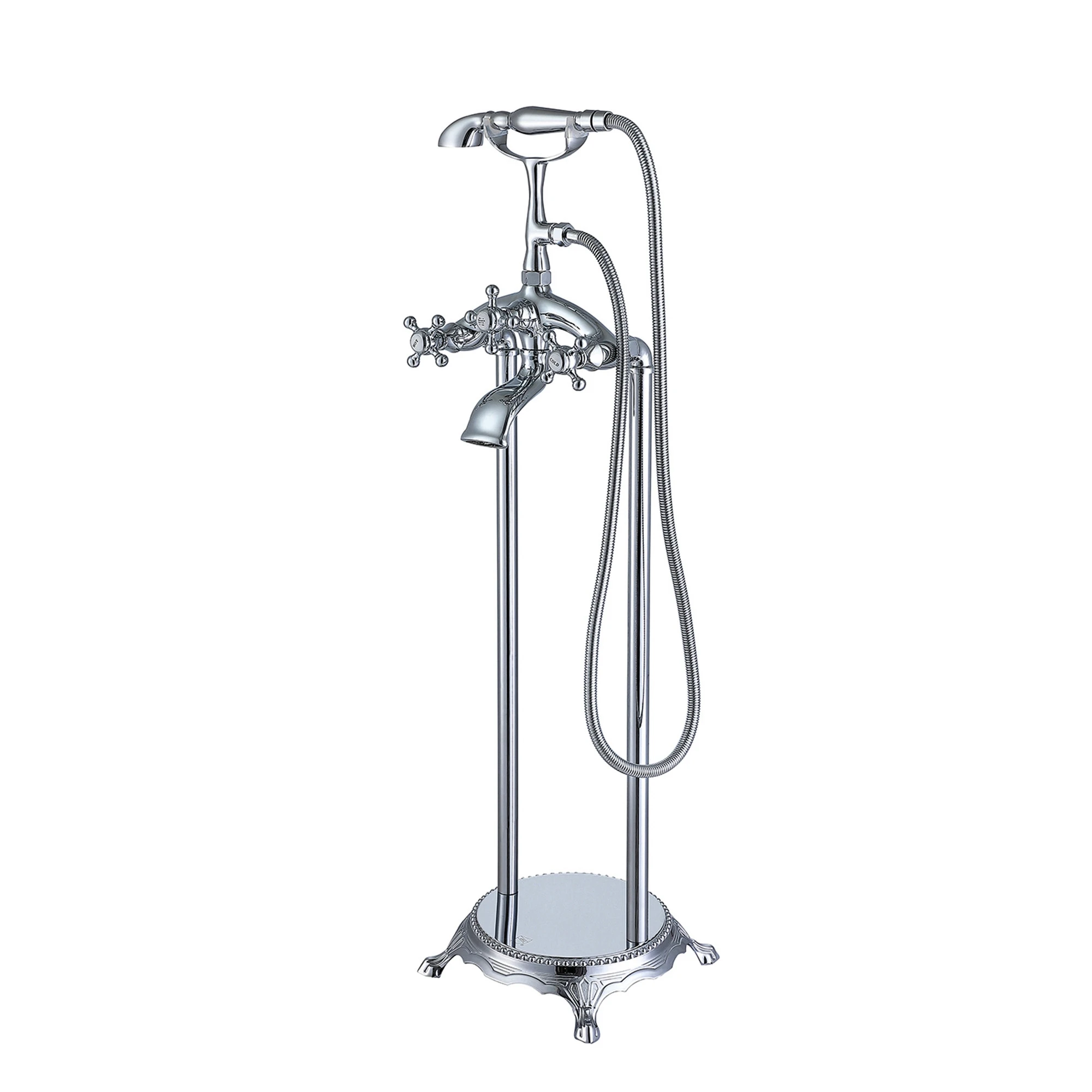 Free Standing round Bathtub Faucet with Chrome Finish Brass & Stainless Steel Brushed Ceramic Valve Core Bath Shower Type