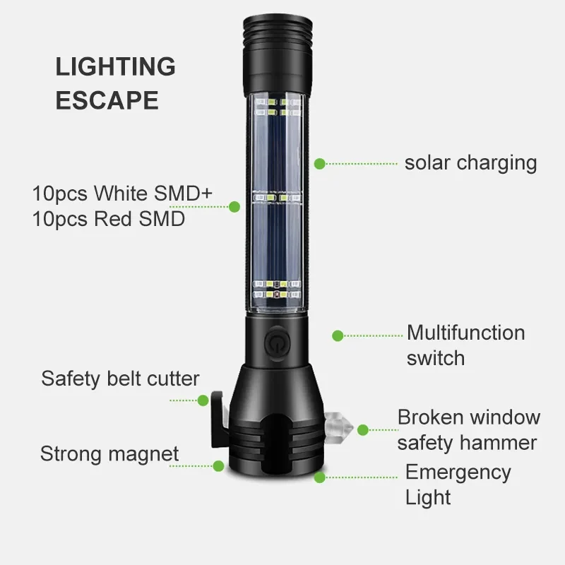 TMWT USB Rechargeable Multifunction Self Defense Tactical Led Solar Torch Flashlight With Safety Hammer Cutting Knife Side Light