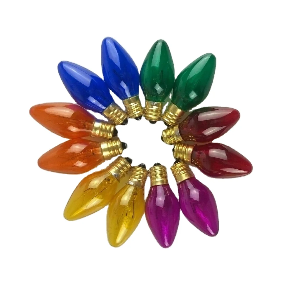 C7 E12 Pink/Blue/Orange/Green/Red/Yellow Christmas Light Bulbs, Transparent 5W 110V 120V 130VC7 Incandescent Bulb