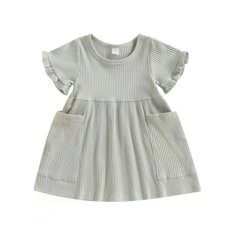 Hot sale girl clothing rib knit fabric girl dress with big pockets sweet fashion style