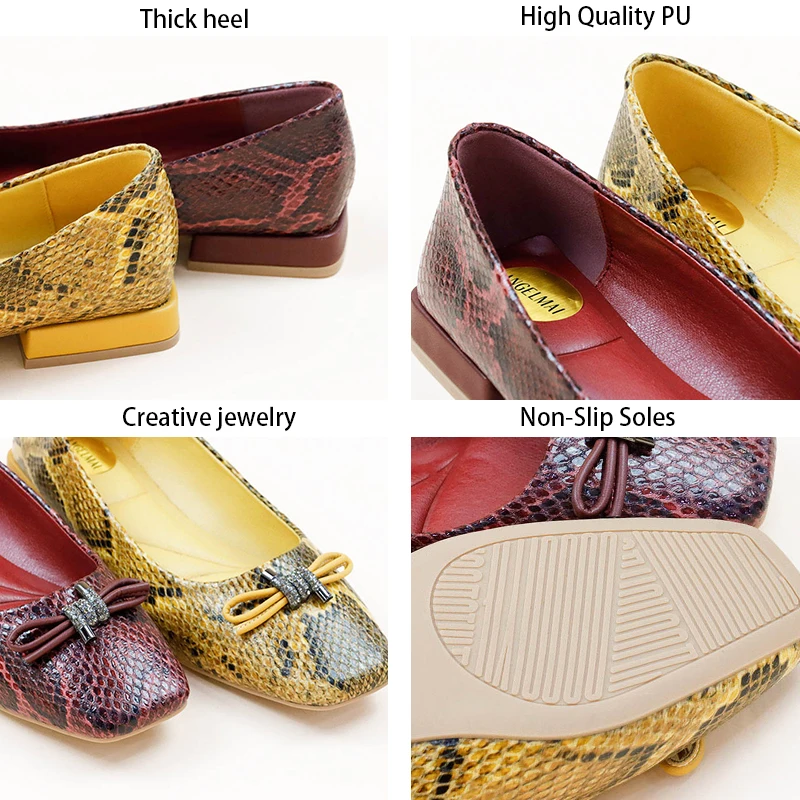 Crocodile Skin Pattern comfortable Flat ballet shoes pumps high quality latest pu bow buckle women shoes low Square heel shoes