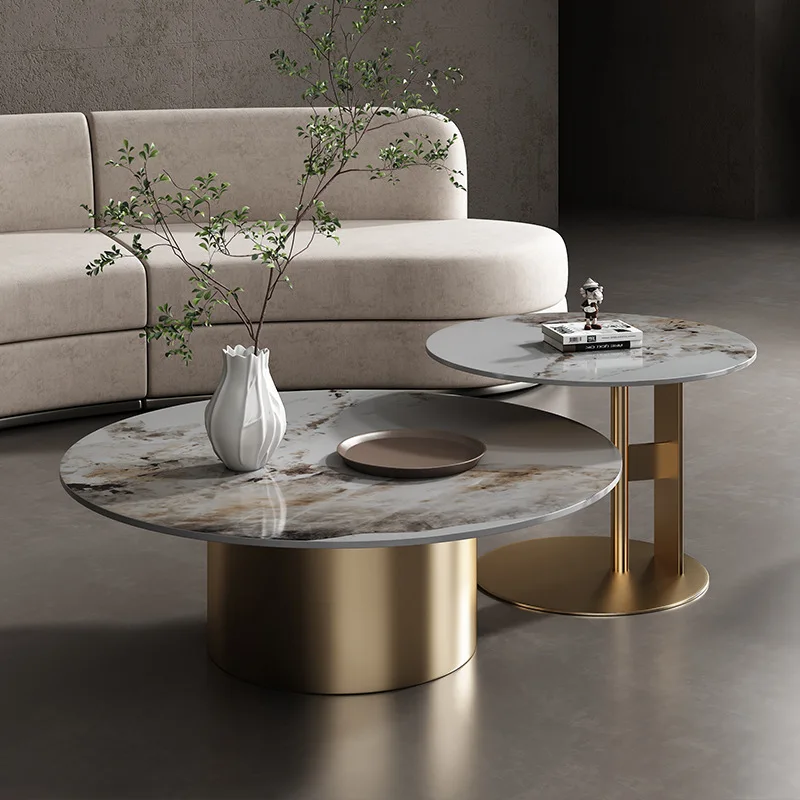 Italian luxury two black coffee table set with gold stainless steel frame marble top modern living room center table furniture