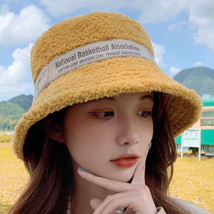 Fashion Popular Women Custom Logo Fishing Lamb Bucket hat Sherpa Fleece Bucket Hat Custom Sherpa  Bucket Hat