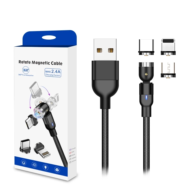 
90 540 Degree Rotation Black Quick Charger Multi 3 In 1 Magnetic Micro V9 Type-C For Lighting Charging Cabo Magnet Usb Cable 