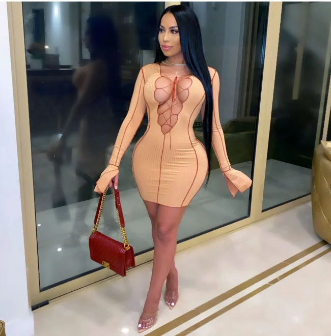 
Fashion Bodycon Dress Bandage Deep V Neck Long Flare Sleeve Sexy Club Wear Autumn Women Dresses 