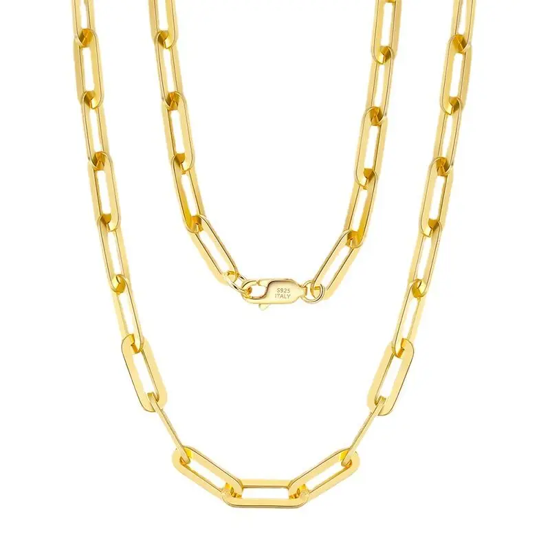 Minimalist Real 14K Gold Over Solid 925 Sterling Silver Italian Paperclip Flat Link Chain Necklace for Girls Women Men