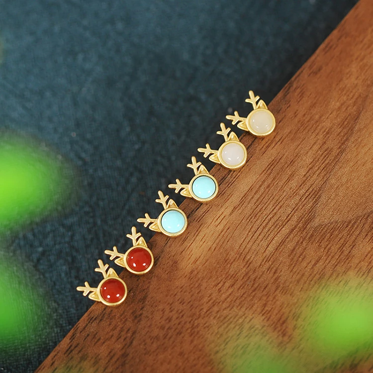Wholesale 925 Sterling Silver Inlaid Gemstones Round Deer Elk Earrings