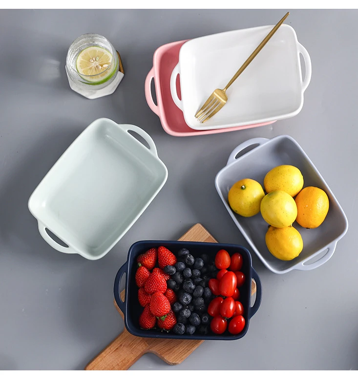 Nordic Style Plate Ceramic Household Dinner Plate Ins Double Handle Disk Baking Tray Creative Dinner Baked Rice Tableware Plate