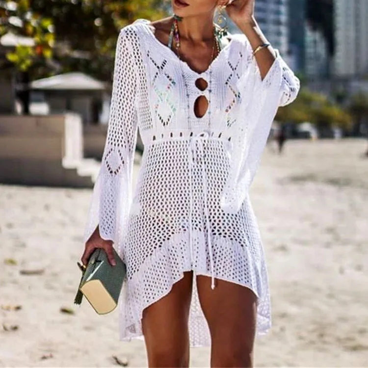 Summer Sexy Hollow Out Knitted Flare Sleeve Dress Casual Women Bikini Cover Up Swimwear Sandbeach Oversized Smock Dresses