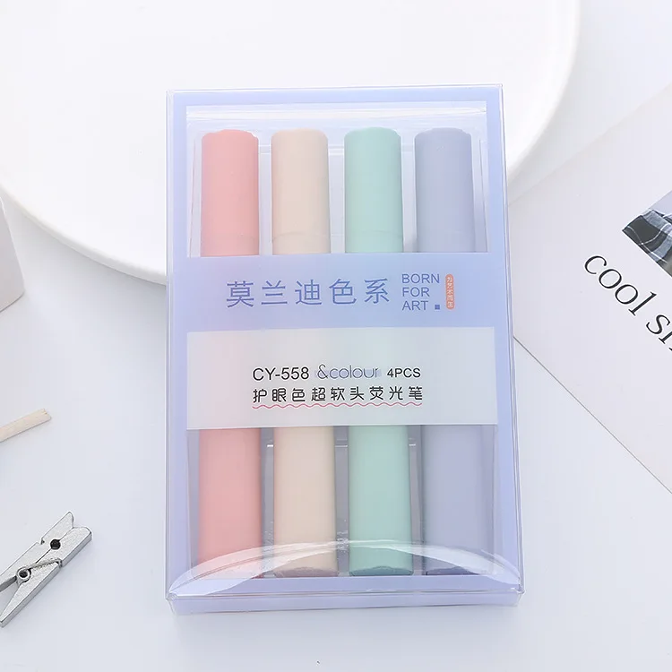 Morandi color school student highlighters set kids soft head marker pens set stationery supplies packs of 4 pcs