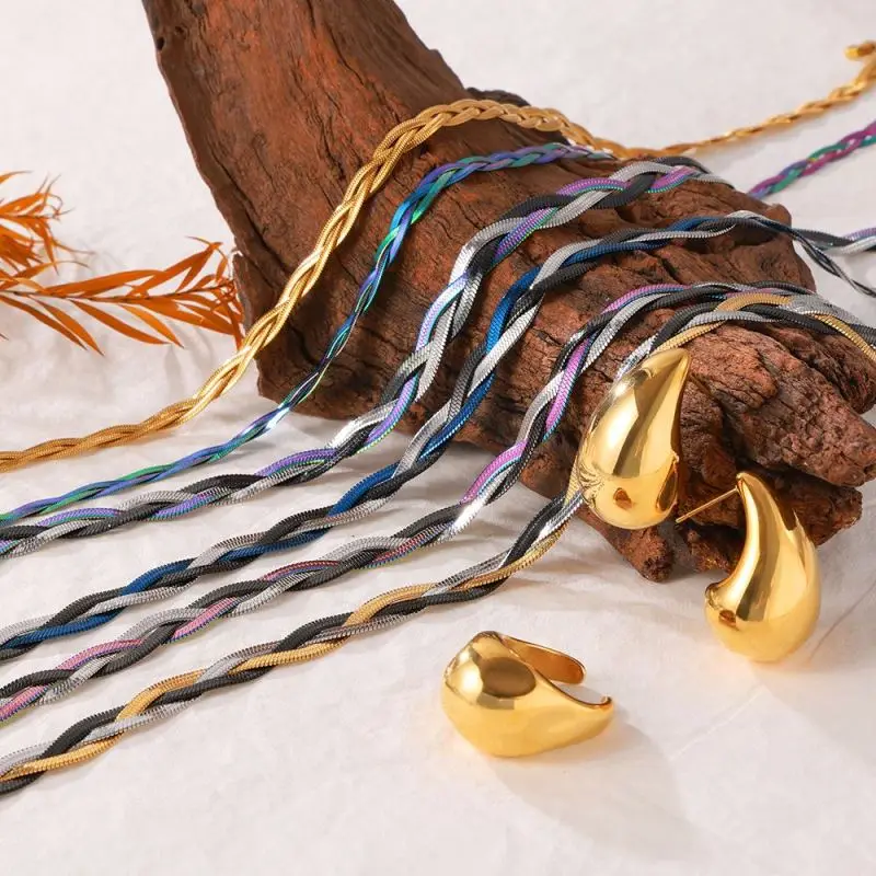 Accessories Women Permanent Jewelry 18k Pvd Gold Plated Stainless Steel Multi-layer Mixed Color Snake Necklace Earring Ring Set
