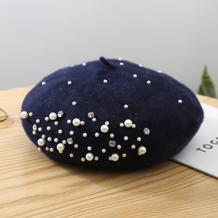  Luxury Pearl Berets Rivet Cashmere Beret Women Warm French Hats Girls Knitted Red Beaded