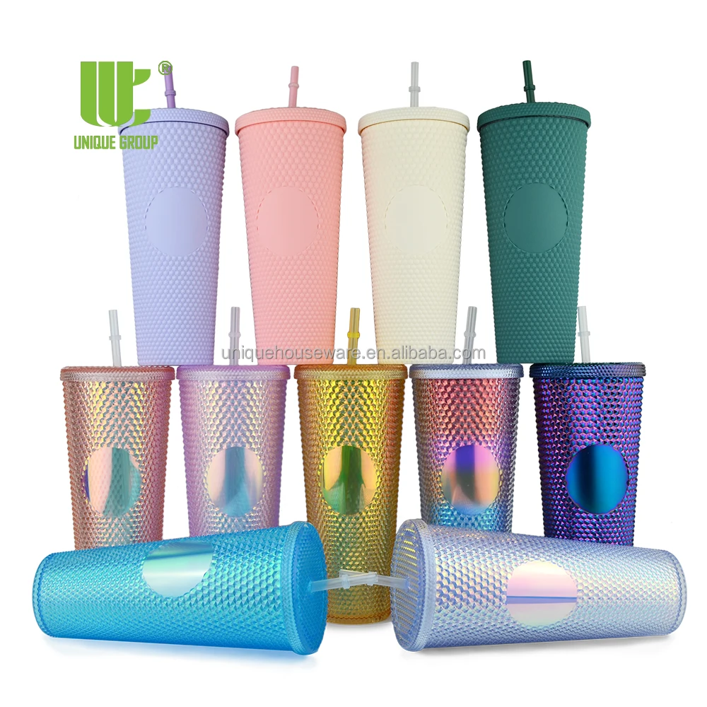 New 710ml BPA Free American Iridescent Double Layer Durian Studded Tumbler Grid Diamond Stud Cup with