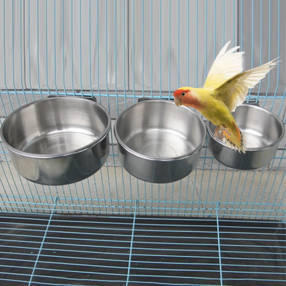 Hanging Stainless Steel Cage Coop Hook Cup Bird Parrot Feeding Cups Bowl Water Food Dish Feeder