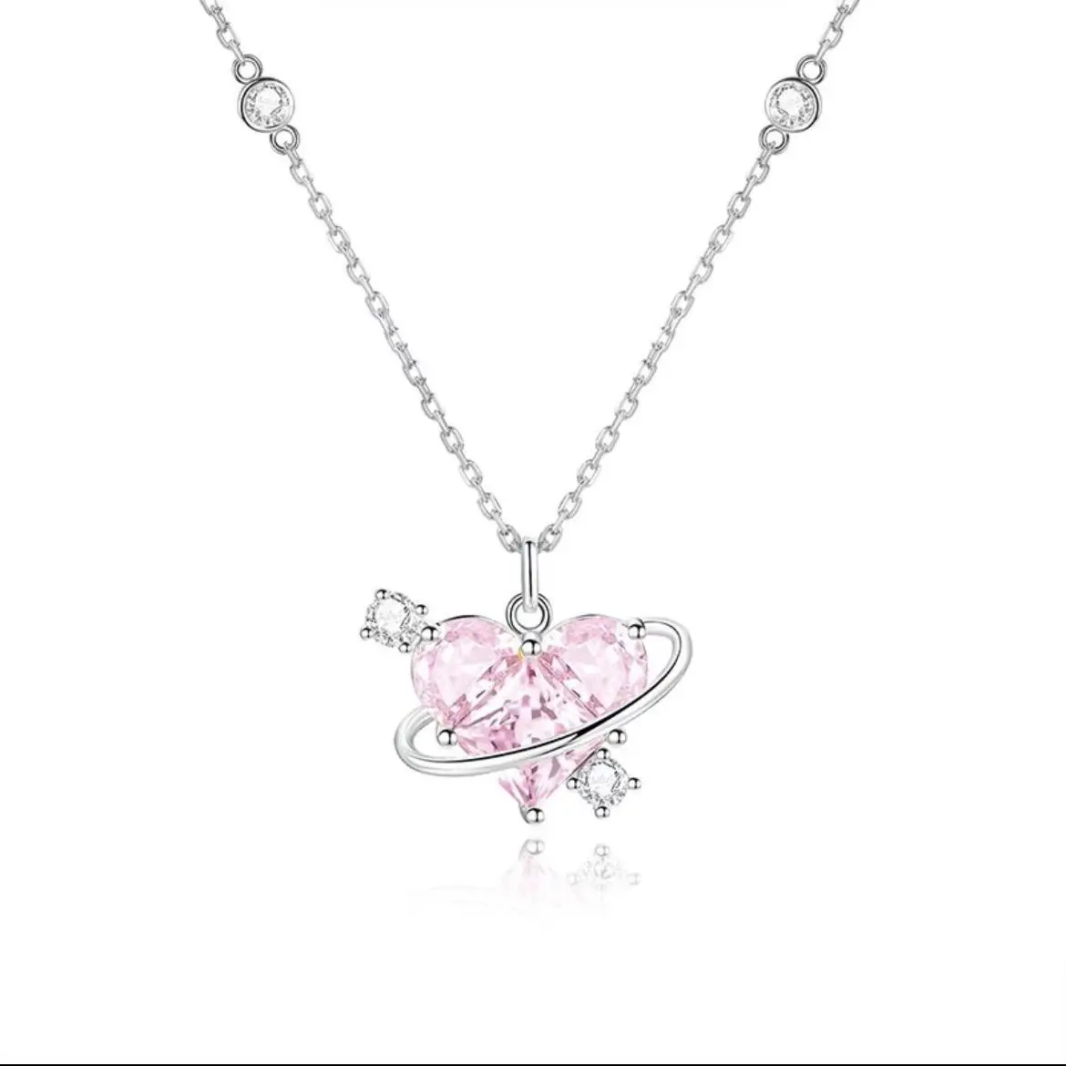 Fashion pink diamond Love Planet Necklace Pink Heart Rhinestone Charm Necklace Delicate Sweet Design Planet Necklace