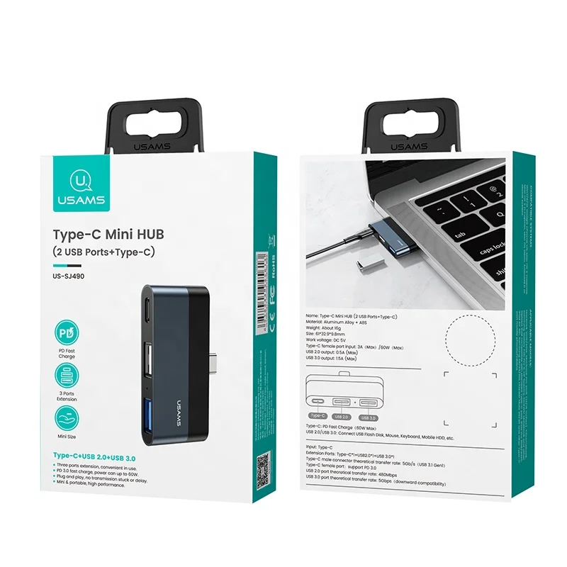 USAMS mini 3 in 1 dual usb mobile phone charger type c to usb 3.0 power laptop adapters