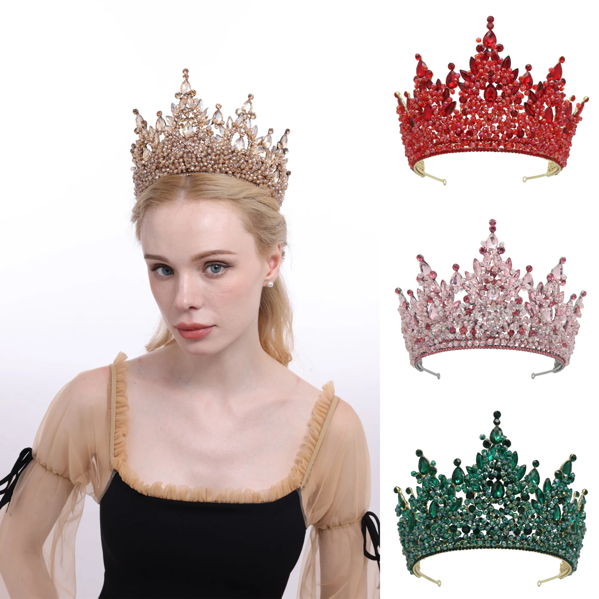Luxury big Baroque GOLD plated pageant rhinestone gem bridal Crowns and Tiaras for queen