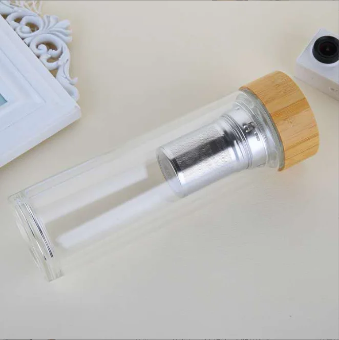 Eco bamboo lid private label insulated double wall glass water bottle with stainless steel tea infuser