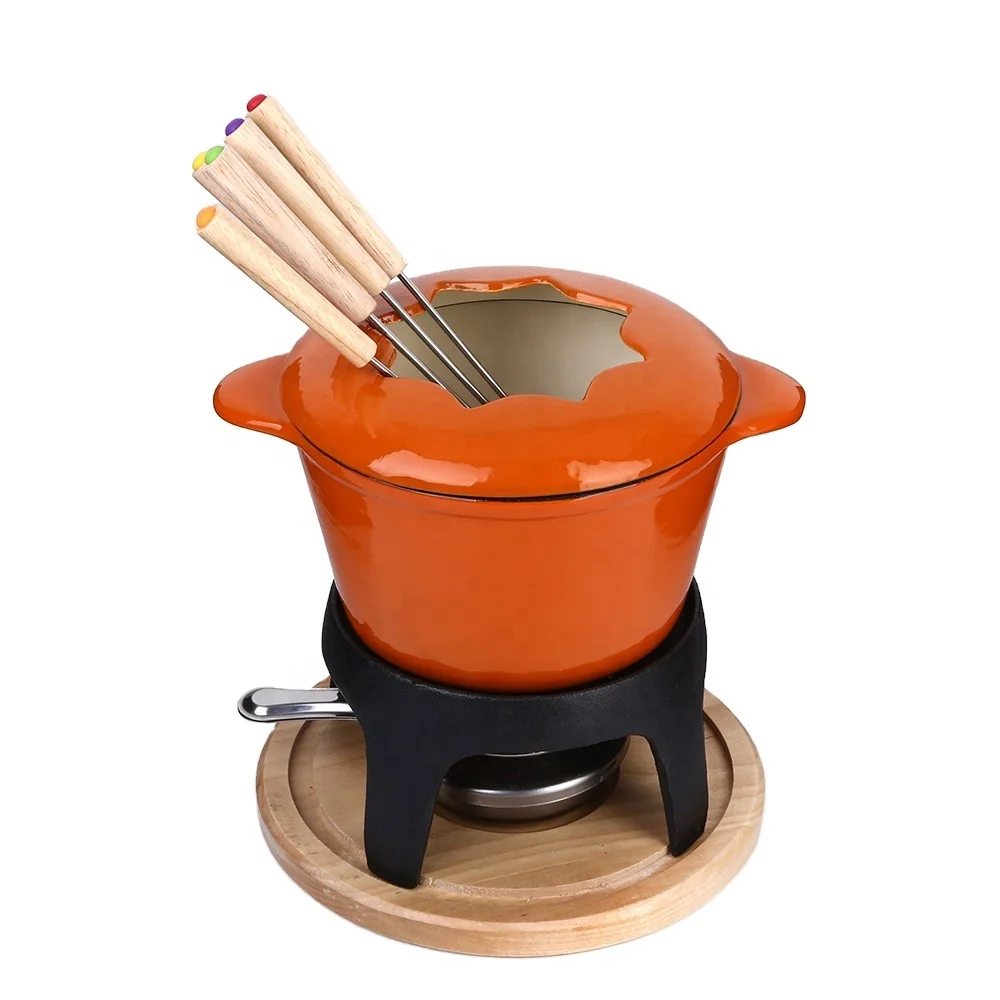 wholesale 2024 portable small ceramic enamel cast iron meat cheese chocolate fondue plate mug pot kit set with fork