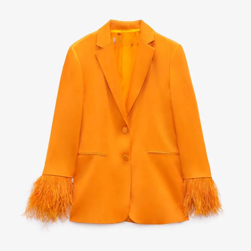 custom winter clothing women Satin effect  Long sleeves with removable tonal feathers blazers ladies women