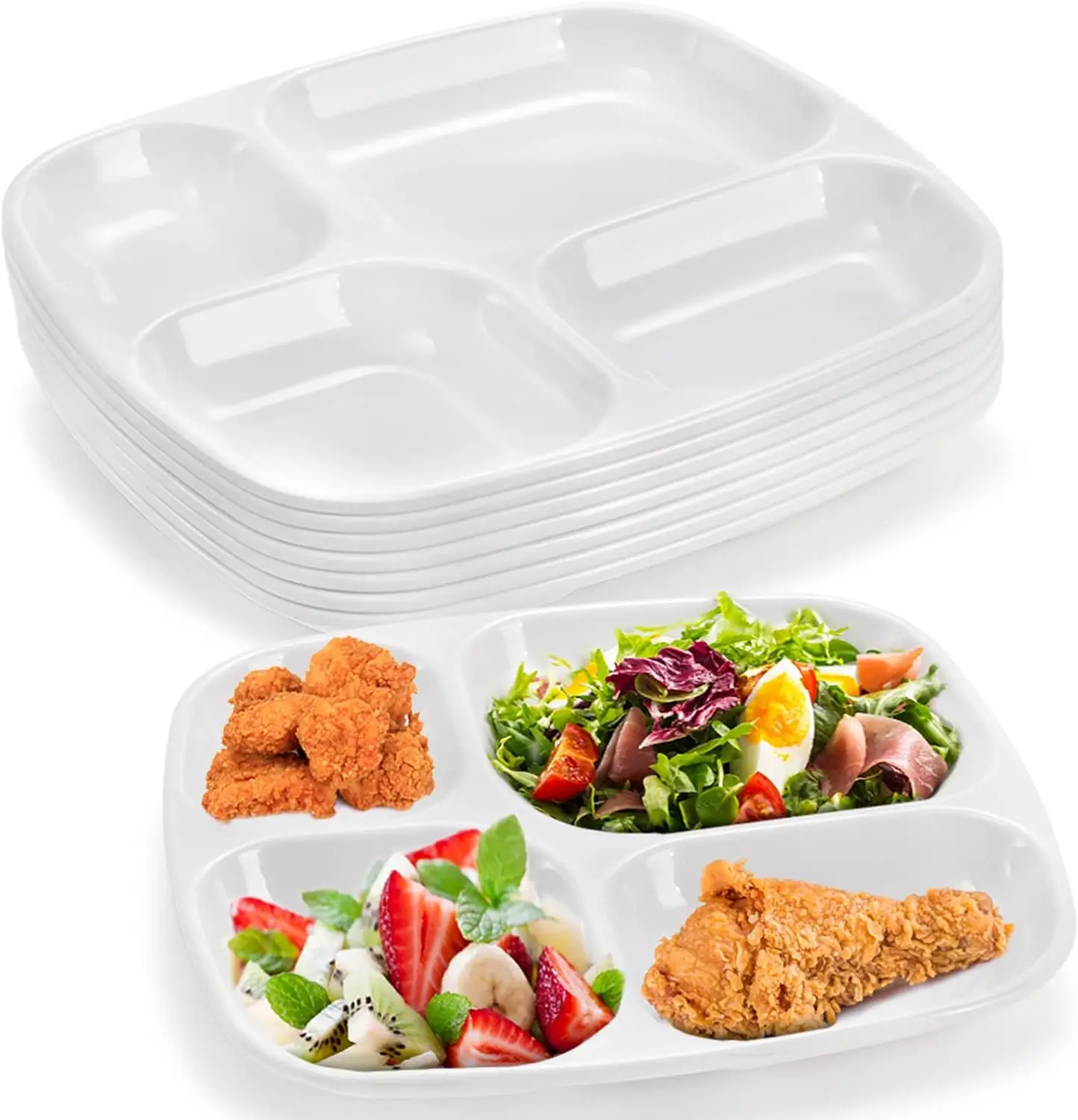 Factory Customize Unbreakable Hard Plastic Melamine Divided Fast Food Plates And Tray White Four Compartment Food Tray Melamine