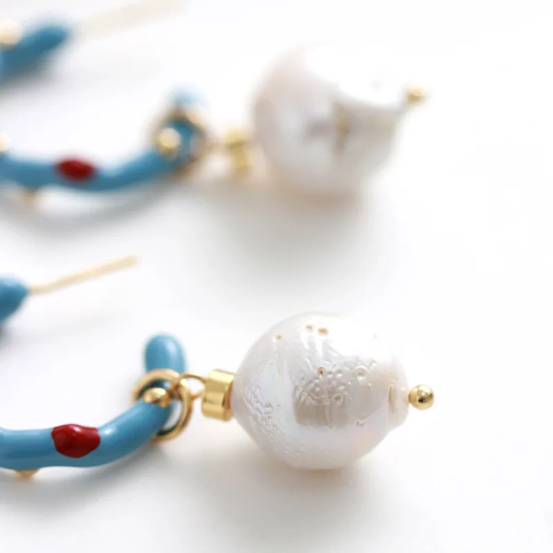New Premium French Contrast 925 Sterling Silver 18K Gold Plated Coral Enamel Natural Pearl Drop Earrings