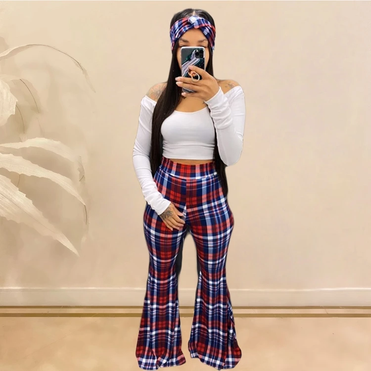 2020 matching women set high waist cotton knitted stripe plaid flare leg pants and women top scarf three piece set