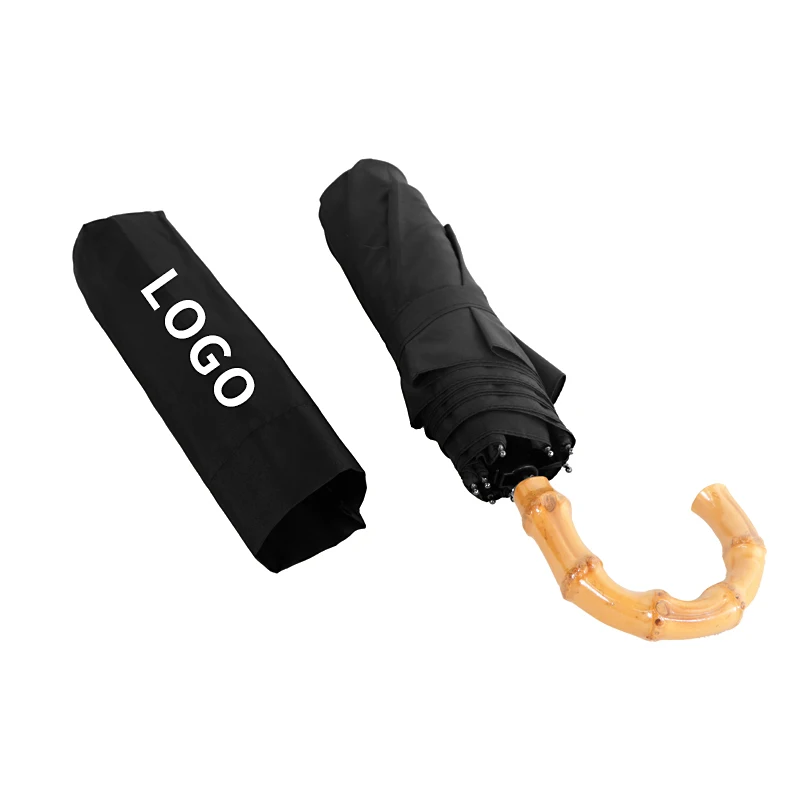 Customized Luxury Design Popular Sun And Rain 3 Fold Umbrella Curved Bamboo Handle 8 ribs Compact Umbrella