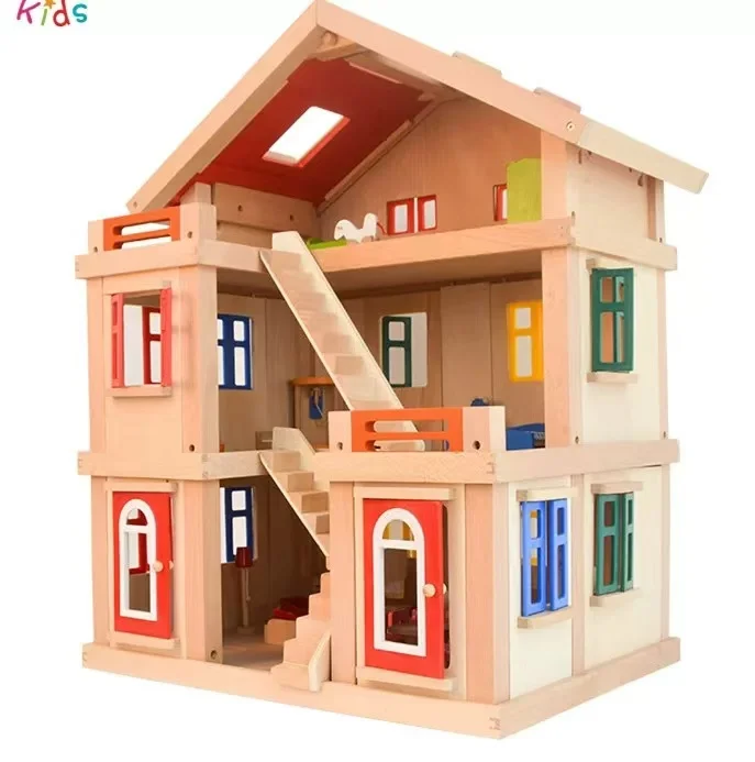 Kids big Wooden Doll house with solid wood furniture set Pretend play Girls Birthday Gift