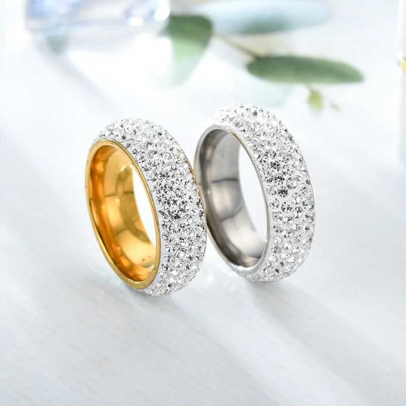 Wholesale 18k Gold Plated Stainless Steel Clay Pave Crystal Couple Rings Titanium Steel Diamond Wedding Ring
