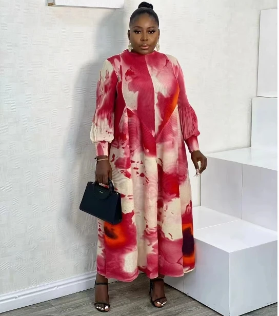 Sheen High Quality Ladies Fashion Print Pleated Plus Size Lady Casual Dresses Miyake African Designs in Chiffon Women Long Dress