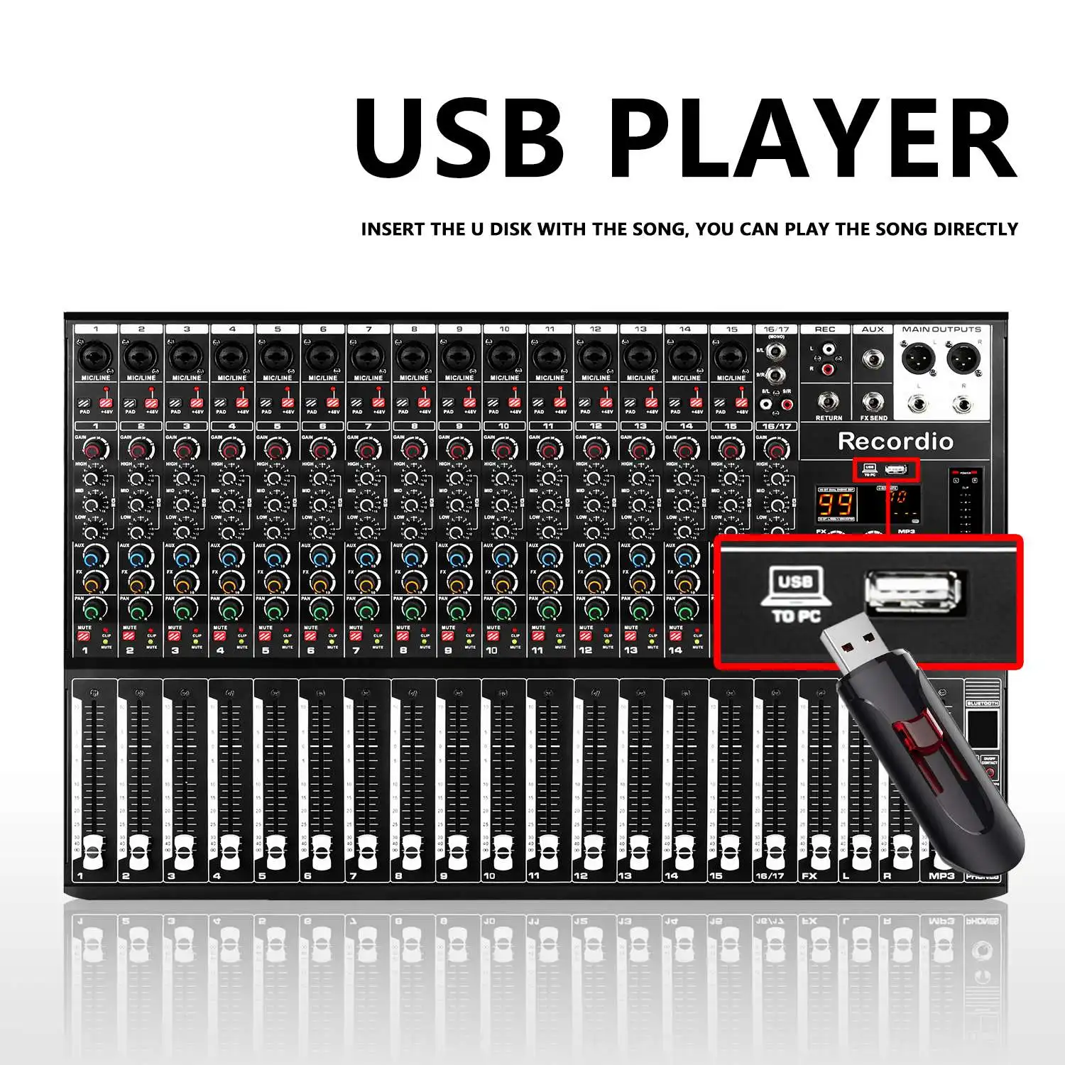 GAX-Q16 Recordio High Quality Audio Mixer Professional Digital Stage Mixer With 99DSP 7 Segment Equalizer