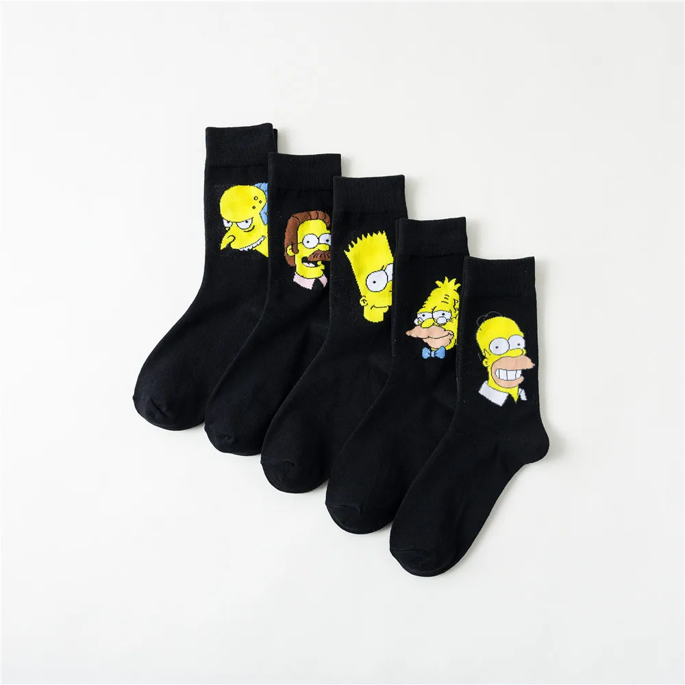 
2020 New Design Black Cartoon Socks Simpson Print Cotton Socks for Women Anime Crew Socks Wholesale 