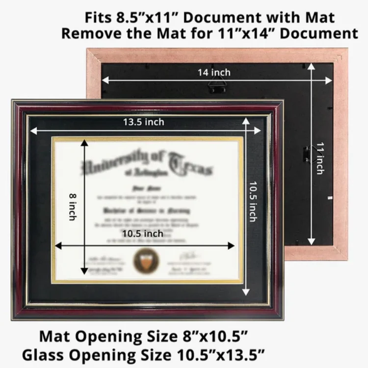 Mondon Cherry Document Frame with Double Gold Accents for Hanging Diplomas and Degrees