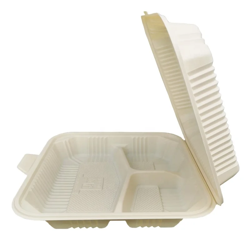 Eco-Friendly 9 Inch Cornstarch Takeaway Food Packaaging Container Hinged Lid Clamshell Disposable Cornstarch Food Container