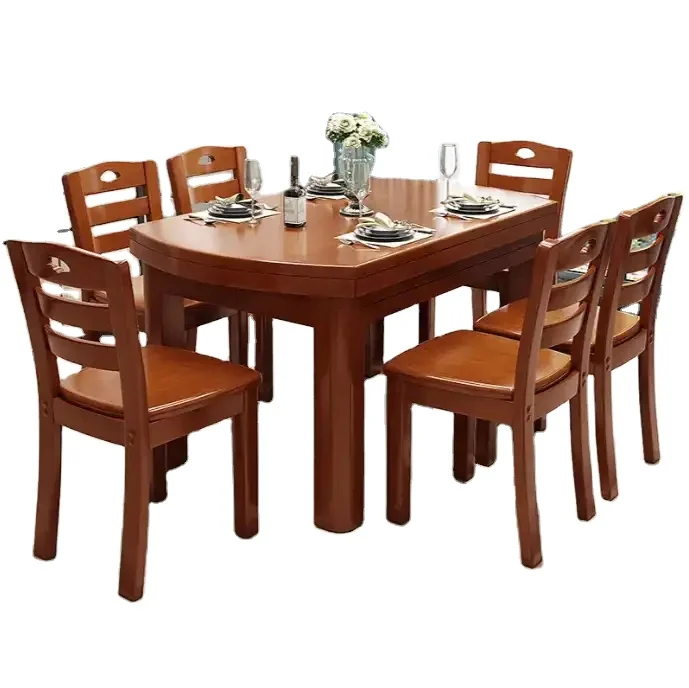 Factory Modern Dinner Table Set 6 Chairs Home Furniture Rubber wood Chair Solid Wood  House Round Rotating Dining Tables