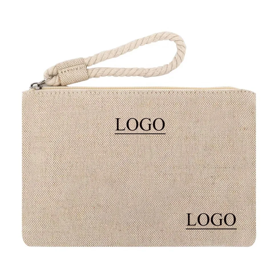 Custom logo burlap toiletry pouch make up zipper bag organic jute cosmetic bag