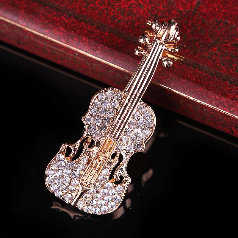 Fashion New Design Elegant Suite Jewelry Sliver Gold Metal Alloy Rhinestone Suite Music Violin Brooch Pins