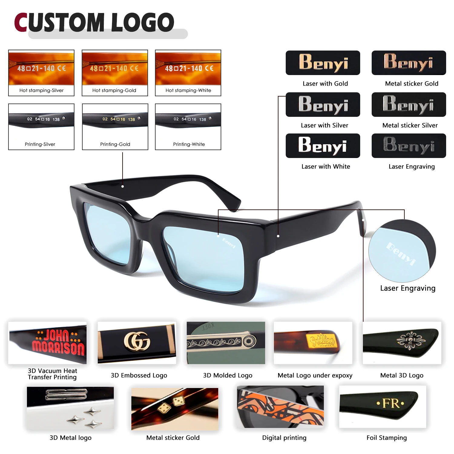 Benyi Women Men Custom Logo Luxury Thick Acetate Sunglasses Square Frames High Quality Fashion Vintage Mens Polarized Sunglasses