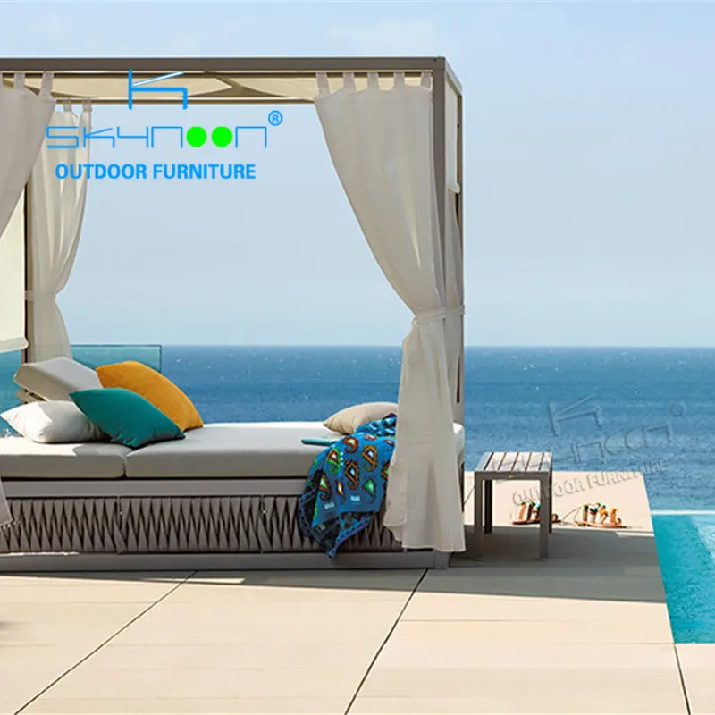 Modern Patio double sun lounger with canopy  Hot sale rope furniture high standard daybed outdoor beds outdoor cabana(73008)