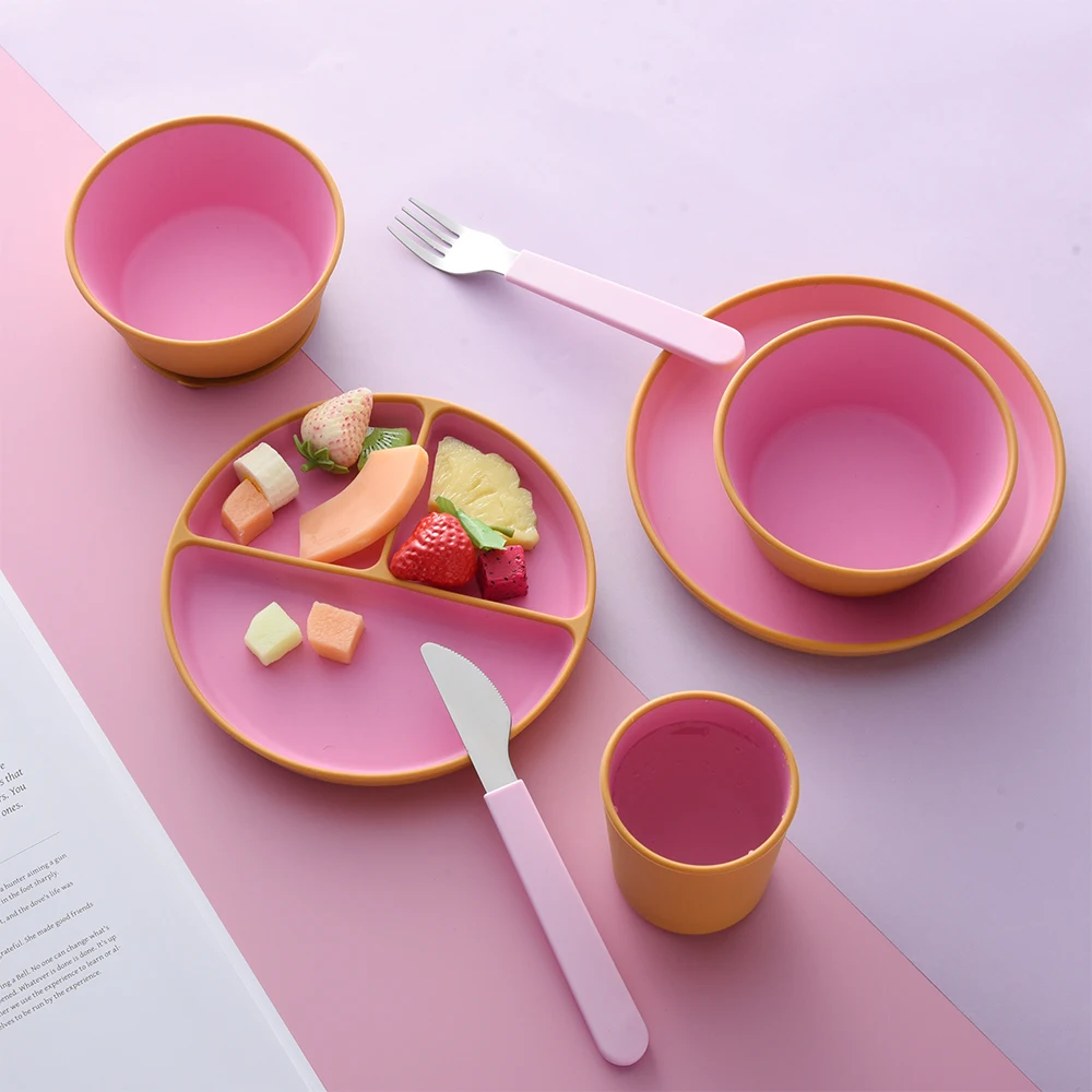 Customs Newborn Baby Plates Bowl With Utensils Toddler Tableware Food Grade Silicone Baby Feeding Set