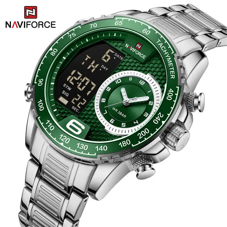 NAVIFORCE NF9199S Fashion Dual Display Stainless Steel Chain Analog Quartz Digital Watch for Men