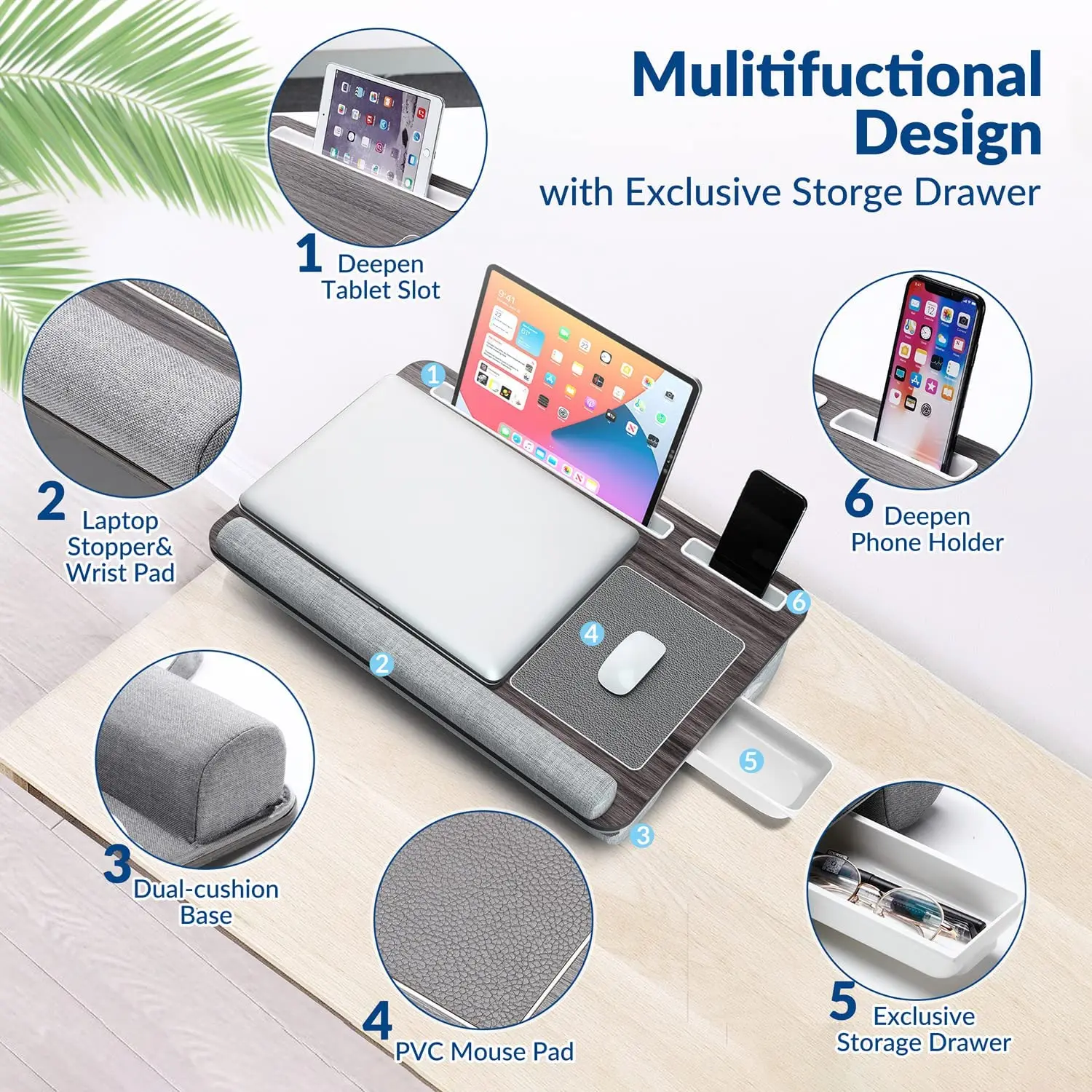 Portable  lap desk with pillow cushion17 inch extra large lap desk kids  with wrist rest laptop lap desk with drawer